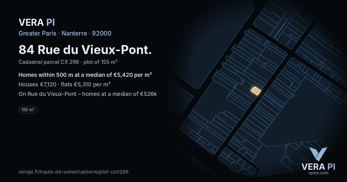 84 Rue du Vieux-Pont, Nanterre at night – the plot lit, the parcels around coloured by the prices near them
