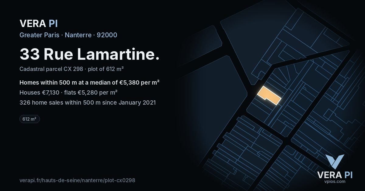 33 Rue Lamartine, Nanterre at night – the plot lit, the parcels around coloured by the prices near them