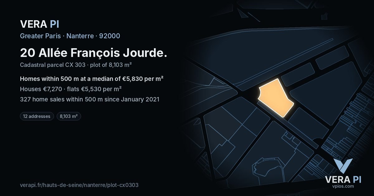 20 Allée François Jourde, Nanterre at night – the plot lit, the parcels around coloured by the prices near them