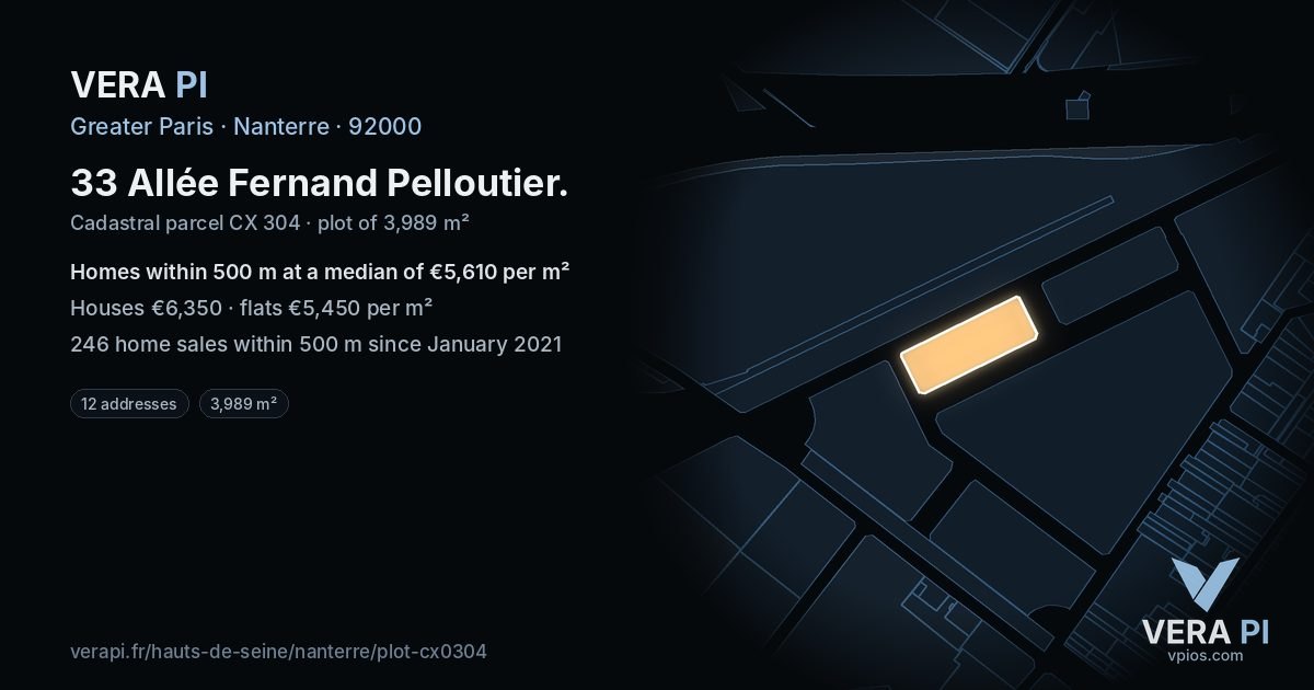 33 Allée Fernand Pelloutier, Nanterre at night – the plot lit, the parcels around coloured by the prices near them