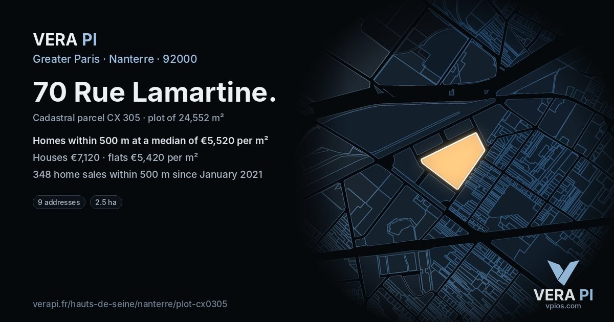 70 Rue Lamartine, Nanterre at night – the plot lit, the parcels around coloured by the prices near them