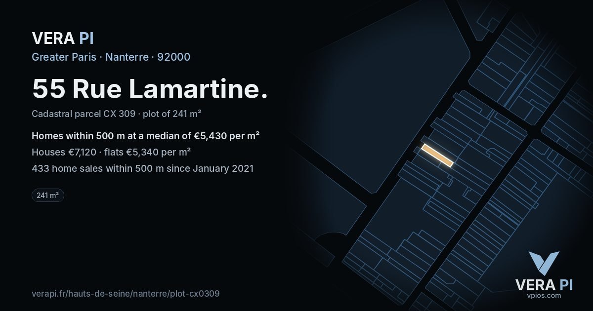 55 Rue Lamartine, Nanterre at night – the plot lit, the parcels around coloured by the prices near them