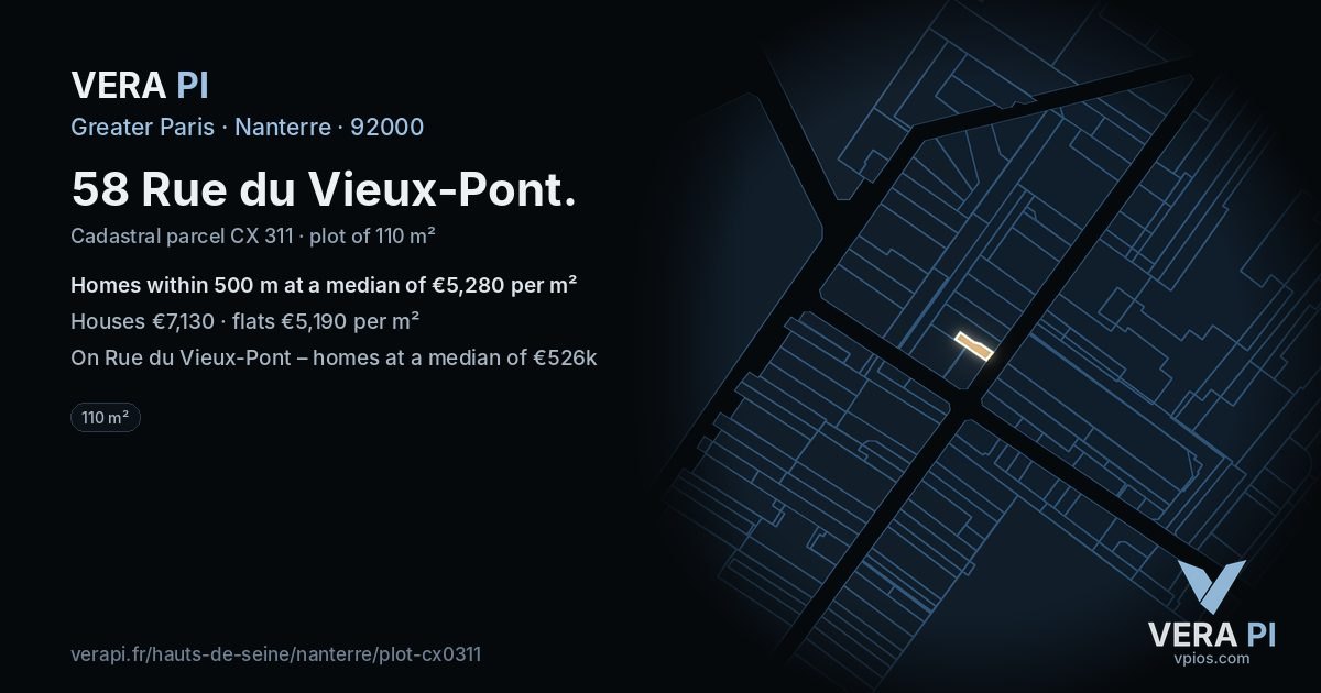 58 Rue du Vieux-Pont, Nanterre at night – the plot lit, the parcels around coloured by the prices near them