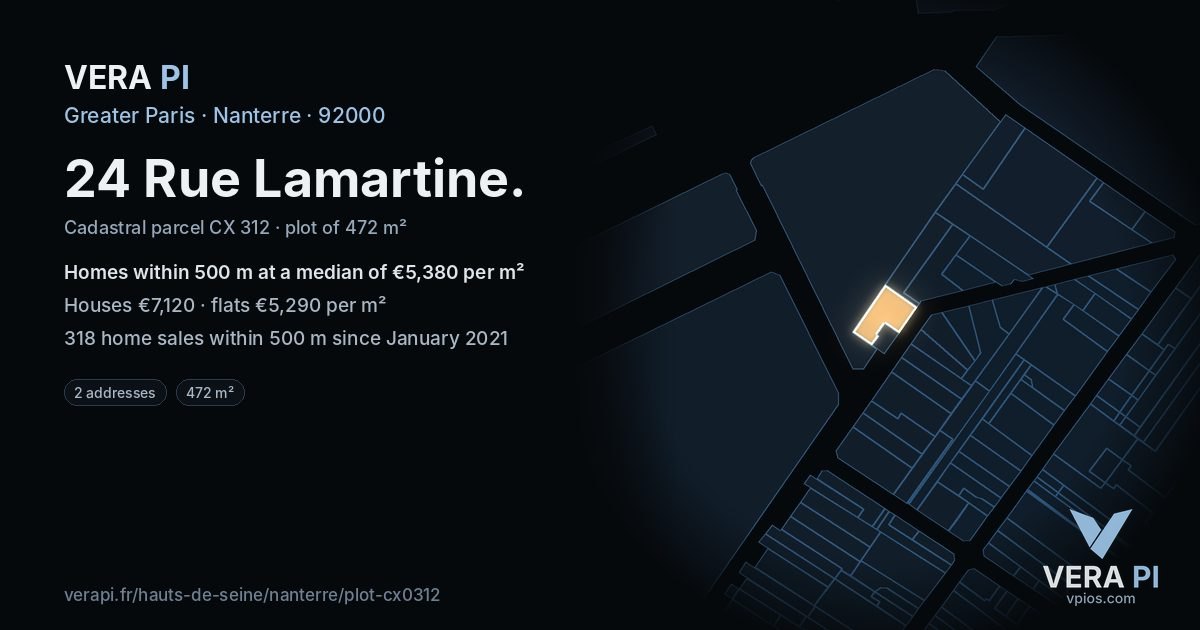 24 Rue Lamartine, Nanterre at night – the plot lit, the parcels around coloured by the prices near them