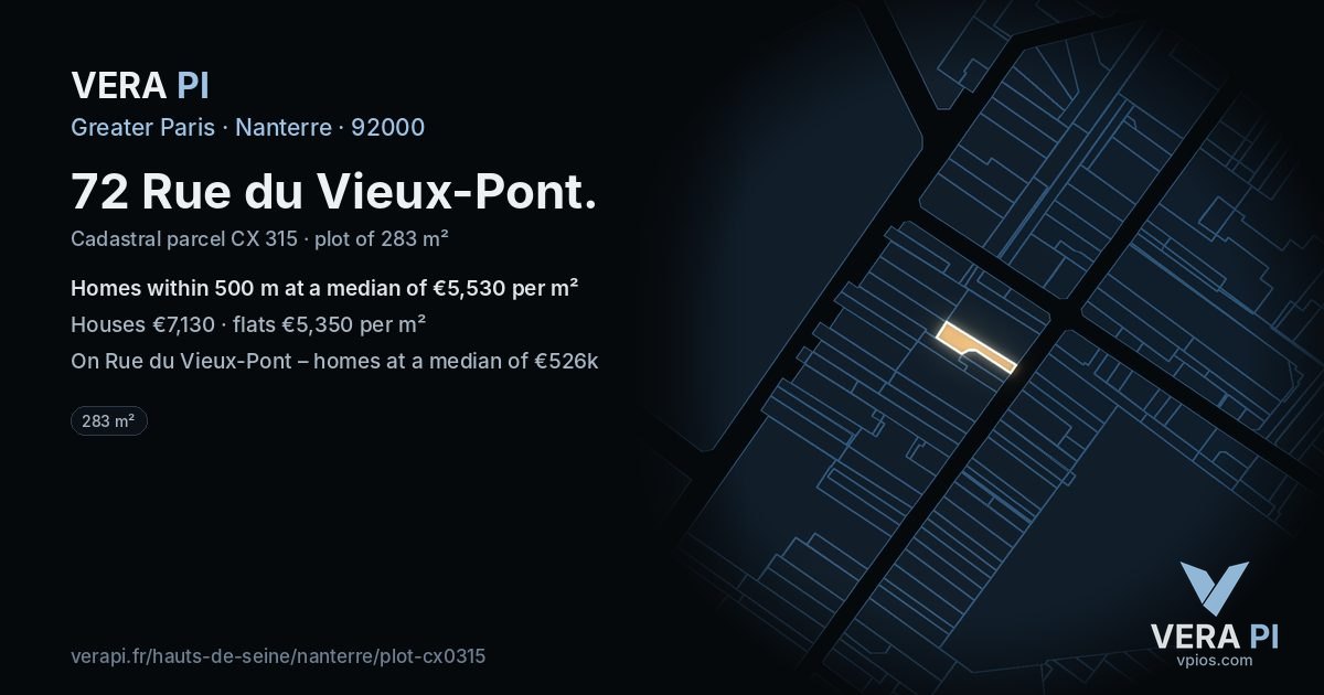 72 Rue du Vieux-Pont, Nanterre at night – the plot lit, the parcels around coloured by the prices near them