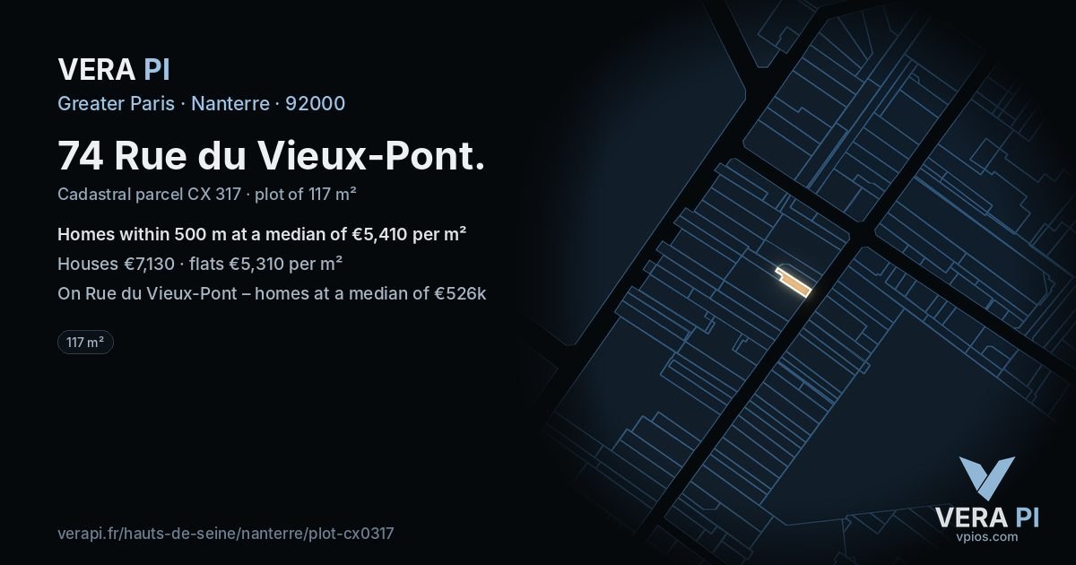 74 Rue du Vieux-Pont, Nanterre at night – the plot lit, the parcels around coloured by the prices near them
