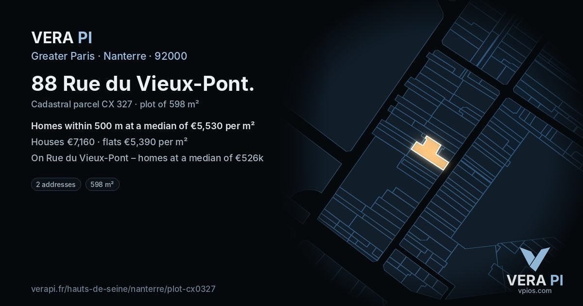 88 Rue du Vieux-Pont, Nanterre at night – the plot lit, the parcels around coloured by the prices near them
