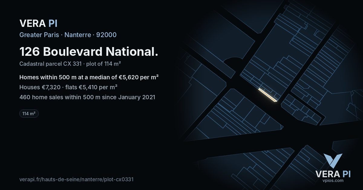 126 Boulevard National, Nanterre at night – the plot lit, the parcels around coloured by the prices near them