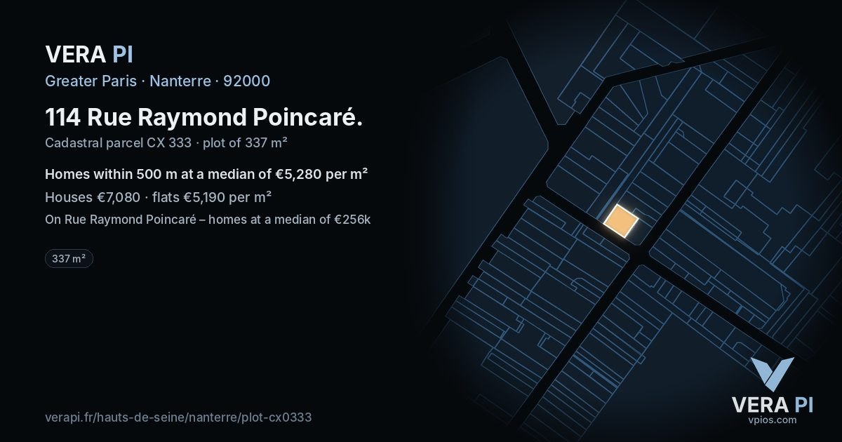 114 Rue Raymond Poincaré, Nanterre at night – the plot lit, the parcels around coloured by the prices near them