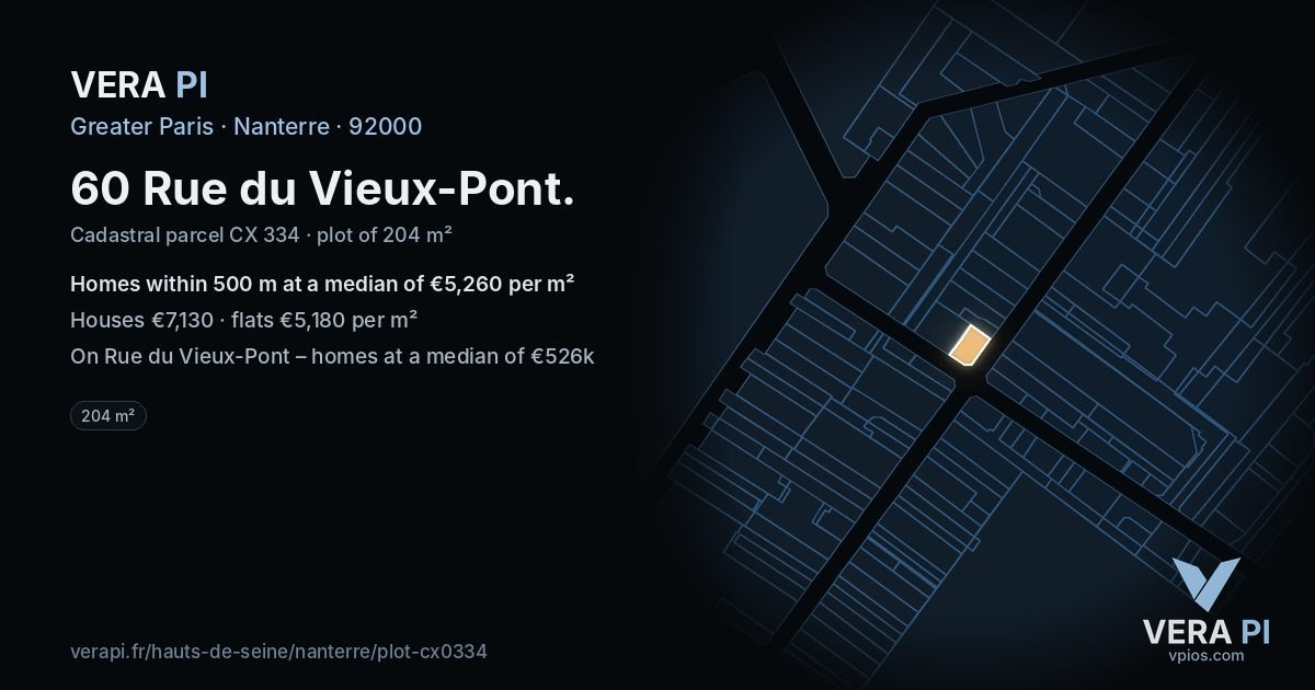 60 Rue du Vieux-Pont, Nanterre at night – the plot lit, the parcels around coloured by the prices near them