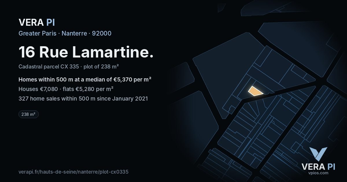 16 Rue Lamartine, Nanterre at night – the plot lit, the parcels around coloured by the prices near them