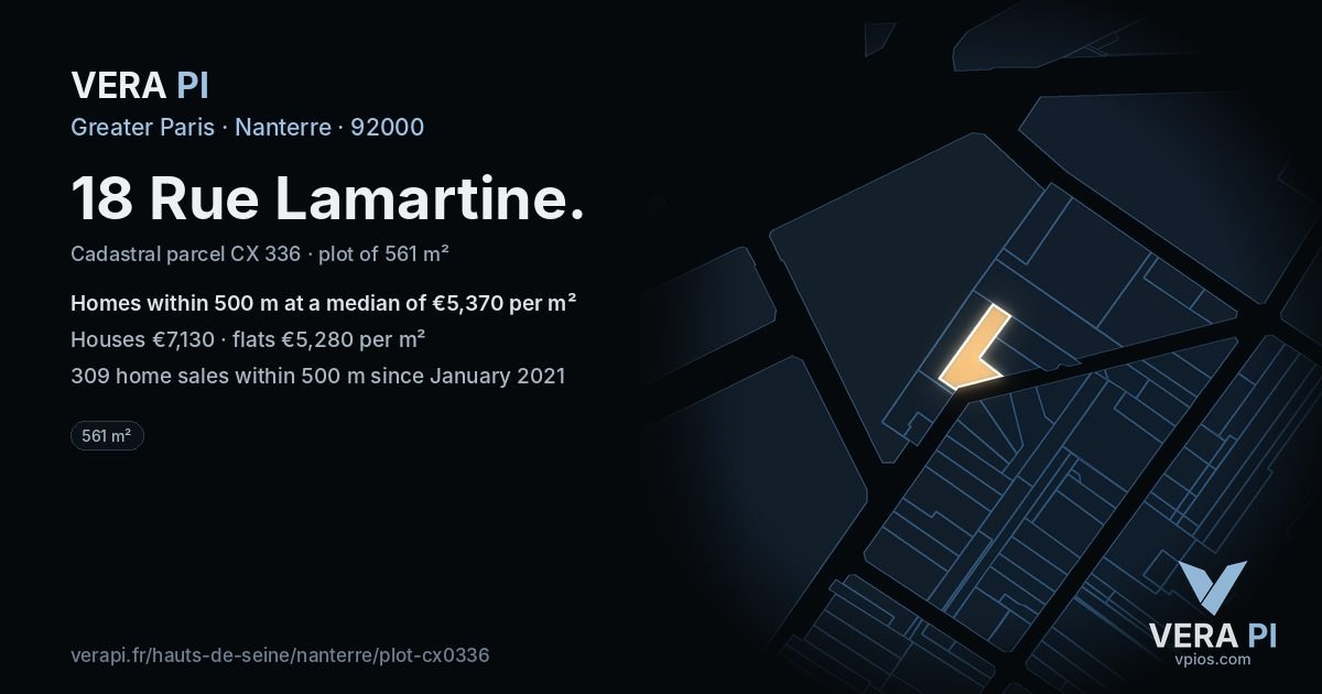 18 Rue Lamartine, Nanterre at night – the plot lit, the parcels around coloured by the prices near them