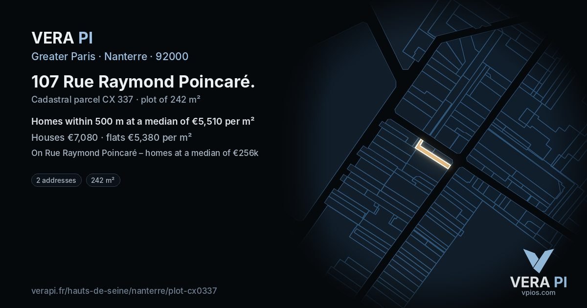 107 Rue Raymond Poincaré, Nanterre at night – the plot lit, the parcels around coloured by the prices near them
