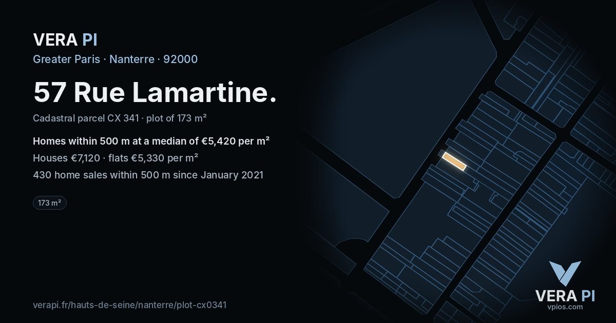 57 Rue Lamartine, Nanterre at night – the plot lit, the parcels around coloured by the prices near them