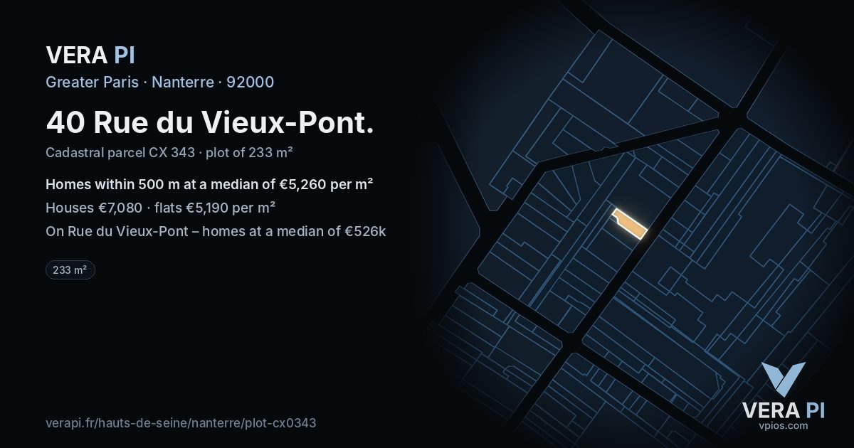 40 Rue du Vieux-Pont, Nanterre at night – the plot lit, the parcels around coloured by the prices near them