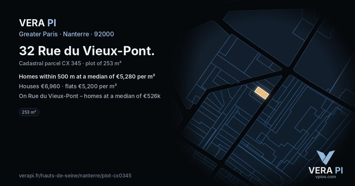 32 Rue du Vieux-Pont, Nanterre at night – the plot lit, the parcels around coloured by the prices near them