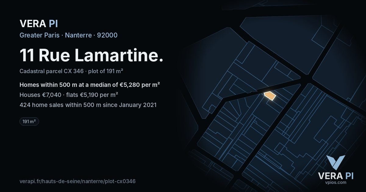 11 Rue Lamartine, Nanterre at night – the plot lit, the parcels around coloured by the prices near them