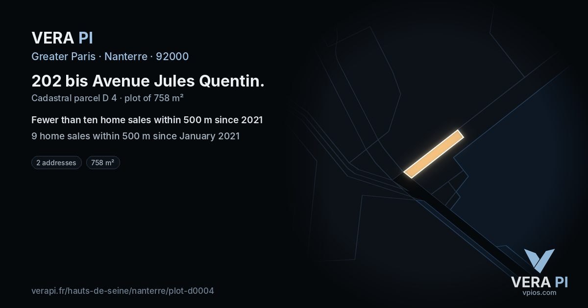 202 bis Avenue Jules Quentin, Nanterre at night – the plot lit, the parcels around coloured by the prices near them