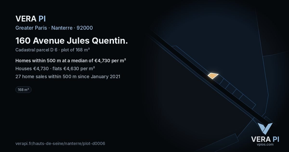 160 Avenue Jules Quentin, Nanterre at night – the plot lit, the parcels around coloured by the prices near them