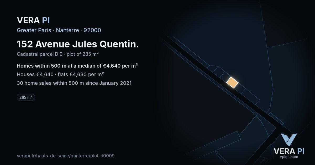 152 Avenue Jules Quentin, Nanterre at night – the plot lit, the parcels around coloured by the prices near them