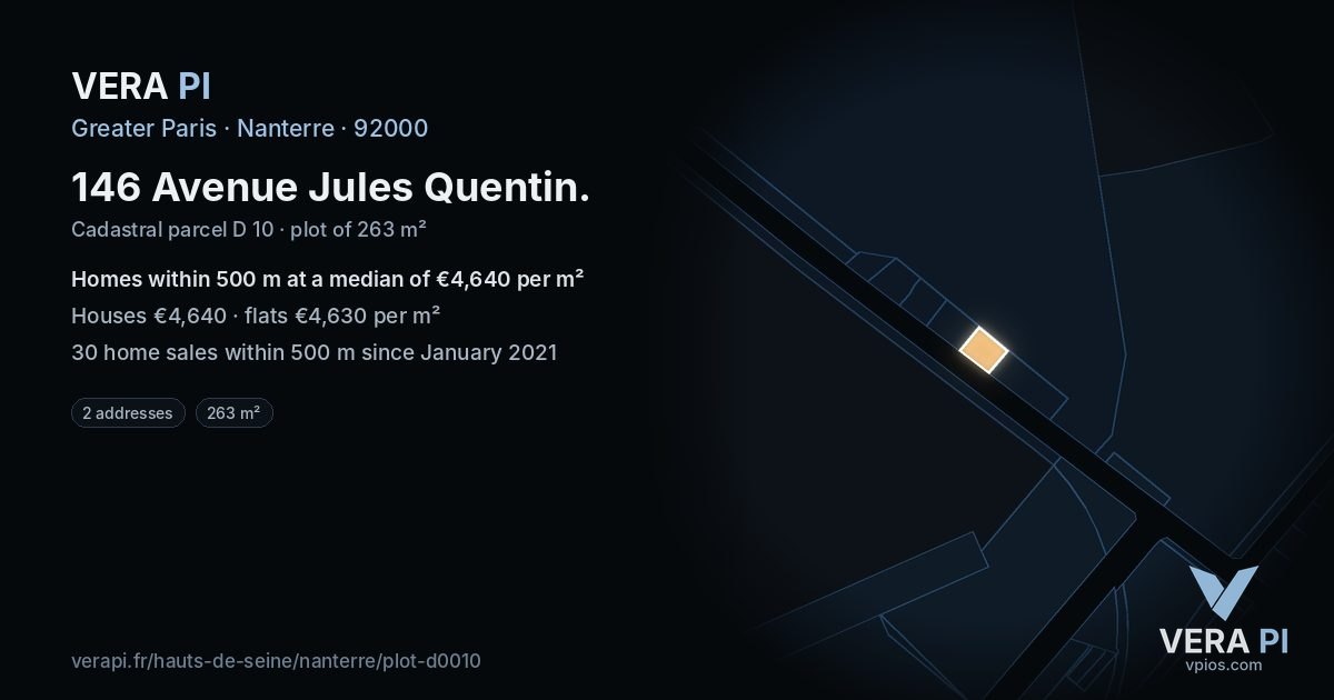 146 Avenue Jules Quentin, Nanterre at night – the plot lit, the parcels around coloured by the prices near them