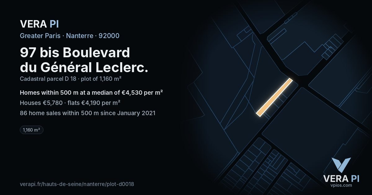 97 bis Boulevard du Général Leclerc, Nanterre at night – the plot lit, the parcels around coloured by the prices near them