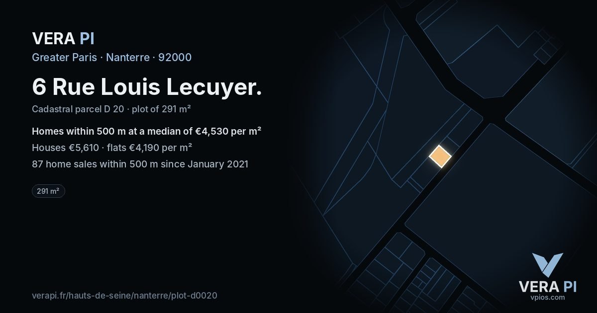 6 Rue Louis Lecuyer, Nanterre at night – the plot lit, the parcels around coloured by the prices near them