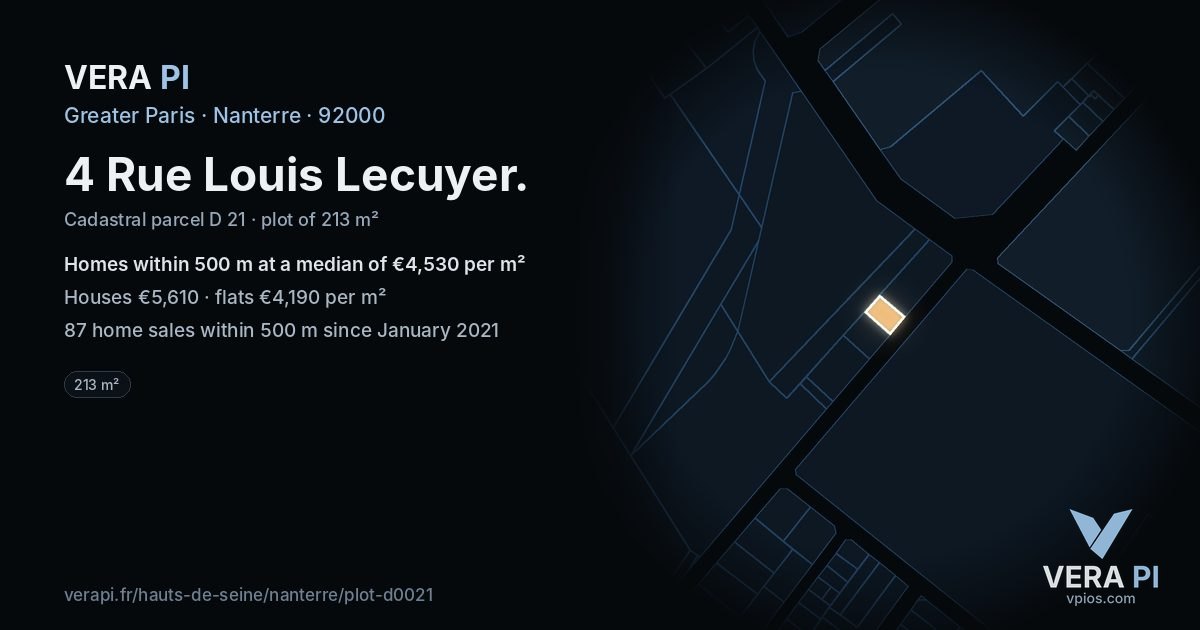 4 Rue Louis Lecuyer, Nanterre at night – the plot lit, the parcels around coloured by the prices near them
