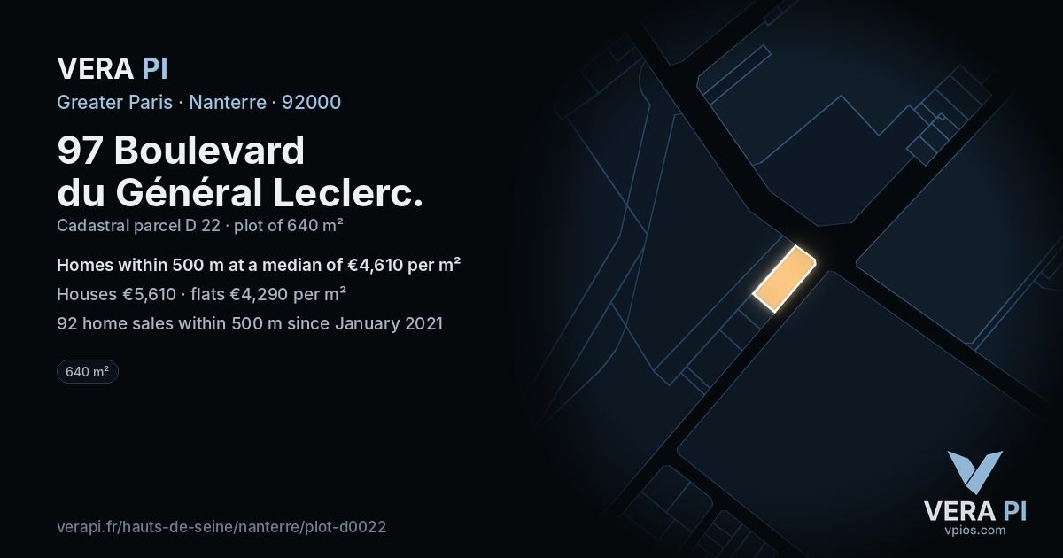 97 Boulevard du Général Leclerc, Nanterre at night – the plot lit, the parcels around coloured by the prices near them