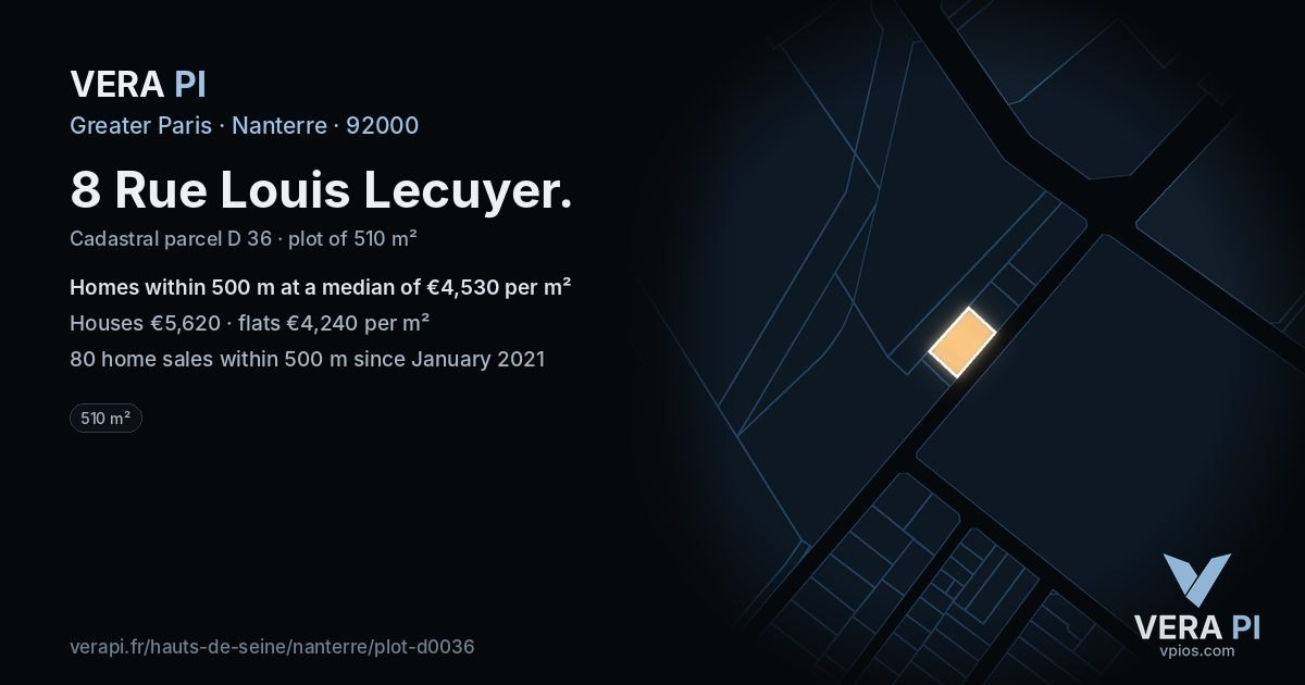 8 Rue Louis Lecuyer, Nanterre at night – the plot lit, the parcels around coloured by the prices near them