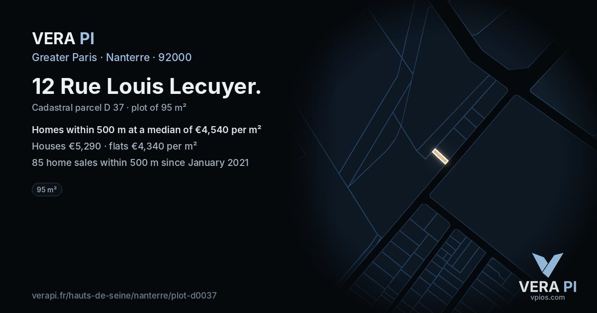 12 Rue Louis Lecuyer, Nanterre at night – the plot lit, the parcels around coloured by the prices near them