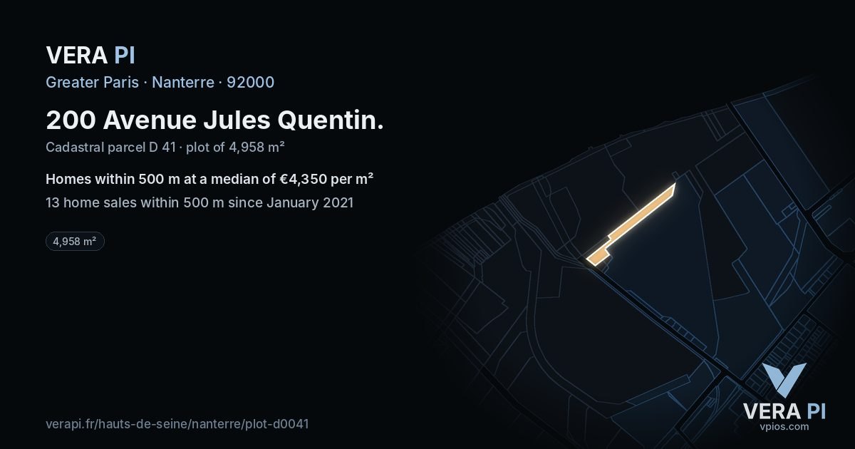 200 Avenue Jules Quentin, Nanterre at night – the plot lit, the parcels around coloured by the prices near them