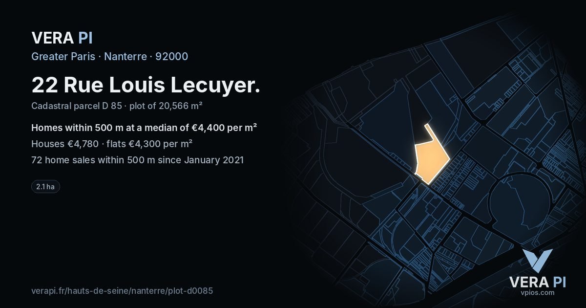 22 Rue Louis Lecuyer, Nanterre at night – the plot lit, the parcels around coloured by the prices near them