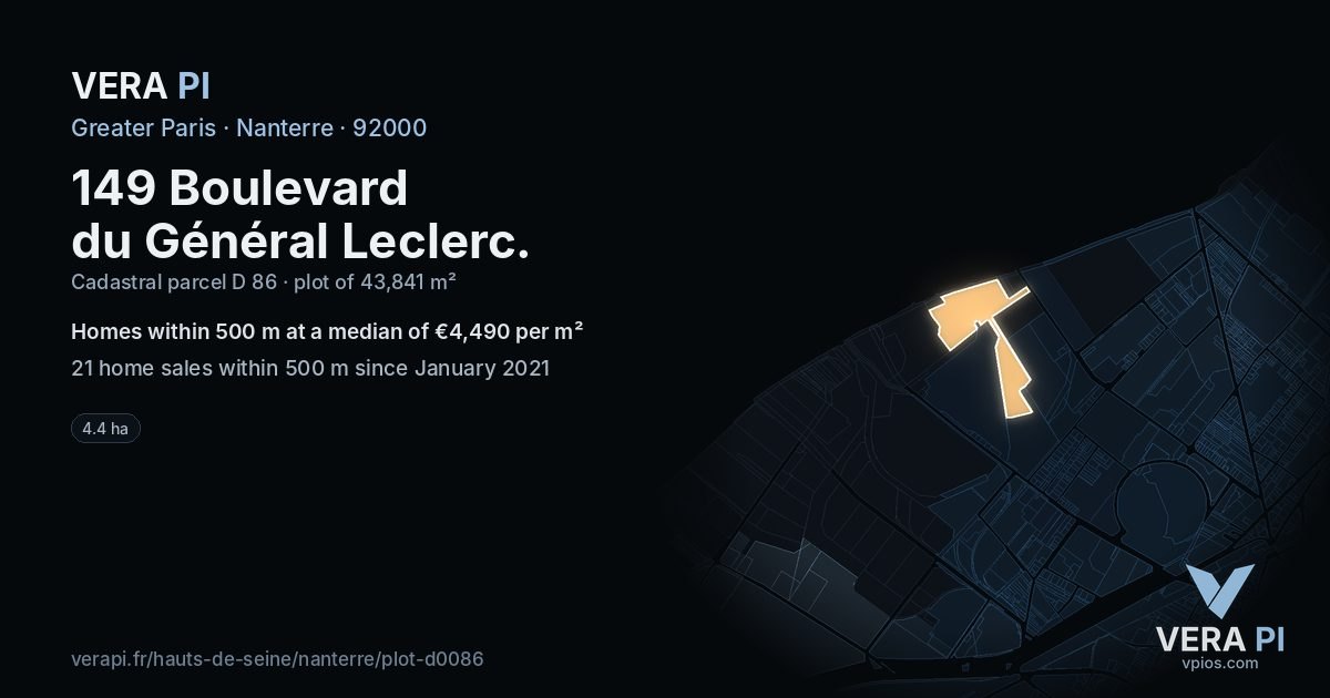 149 Boulevard du Général Leclerc, Nanterre at night – the plot lit, the parcels around coloured by the prices near them