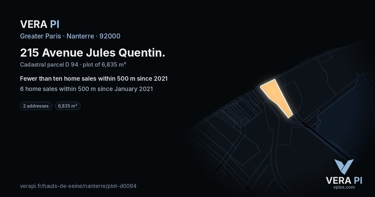 215 Avenue Jules Quentin, Nanterre at night – the plot lit, the parcels around coloured by the prices near them
