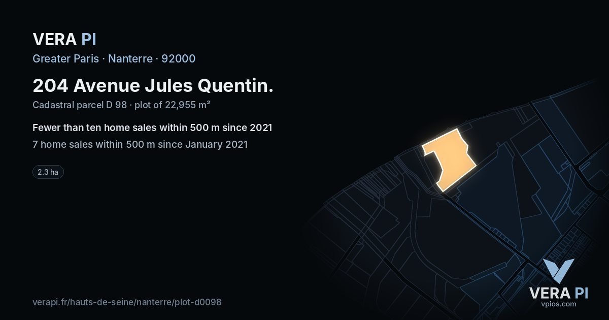 204 Avenue Jules Quentin, Nanterre at night – the plot lit, the parcels around coloured by the prices near them