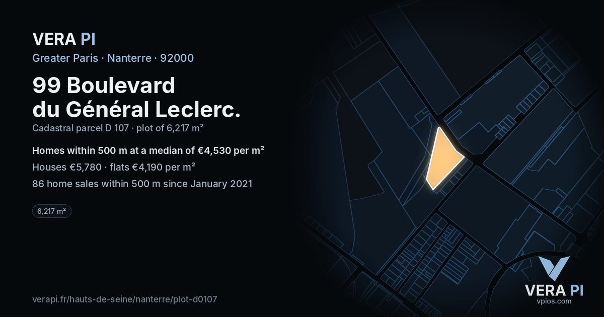 99 Boulevard du Général Leclerc, Nanterre at night – the plot lit, the parcels around coloured by the prices near them