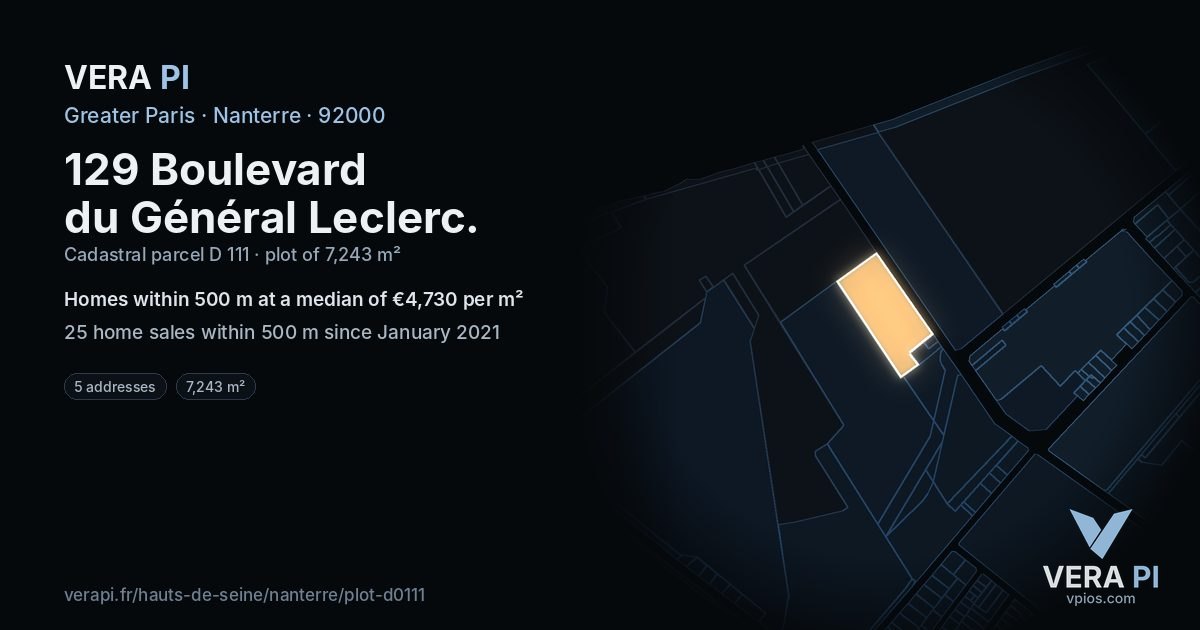 129 Boulevard du Général Leclerc, Nanterre at night – the plot lit, the parcels around coloured by the prices near them