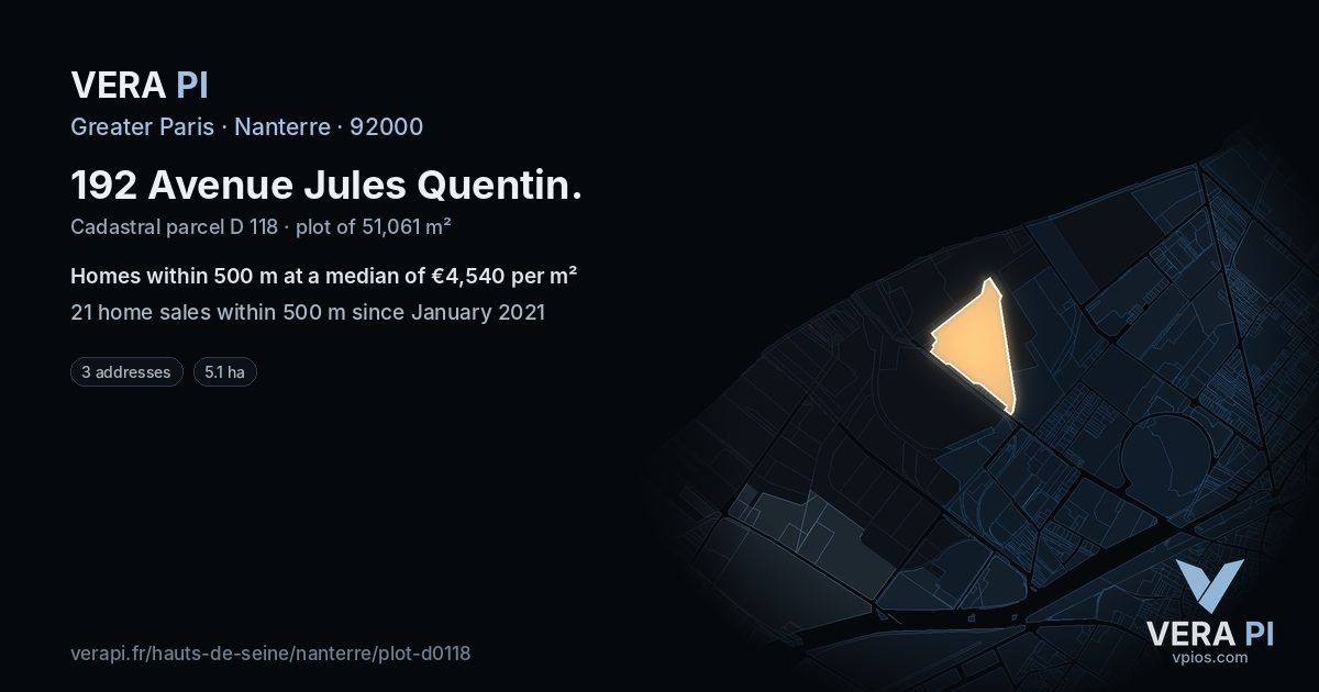 192 Avenue Jules Quentin, Nanterre at night – the plot lit, the parcels around coloured by the prices near them