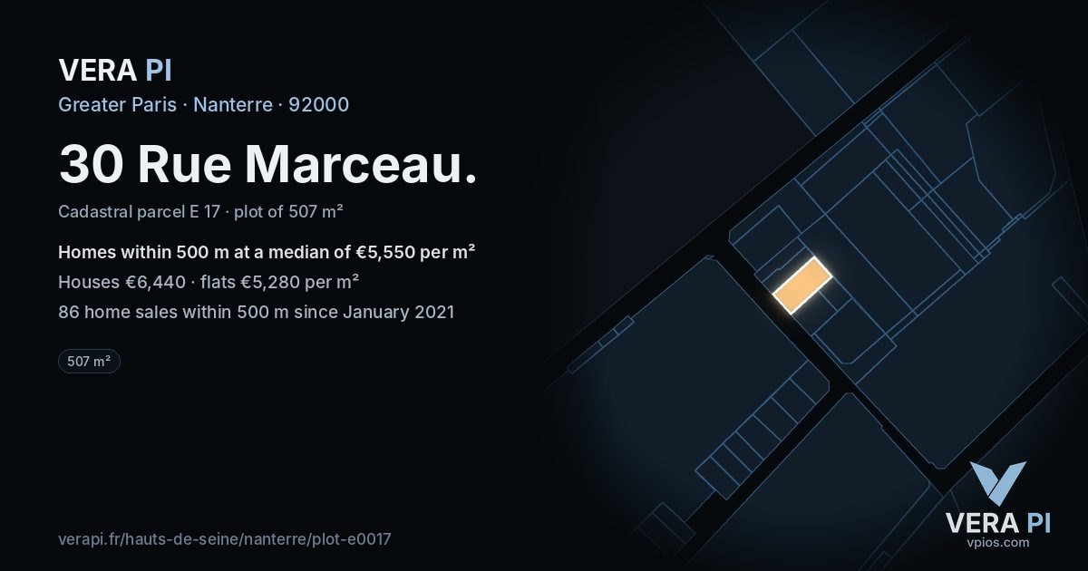 30 Rue Marceau, Nanterre at night – the plot lit, the parcels around coloured by the prices near them