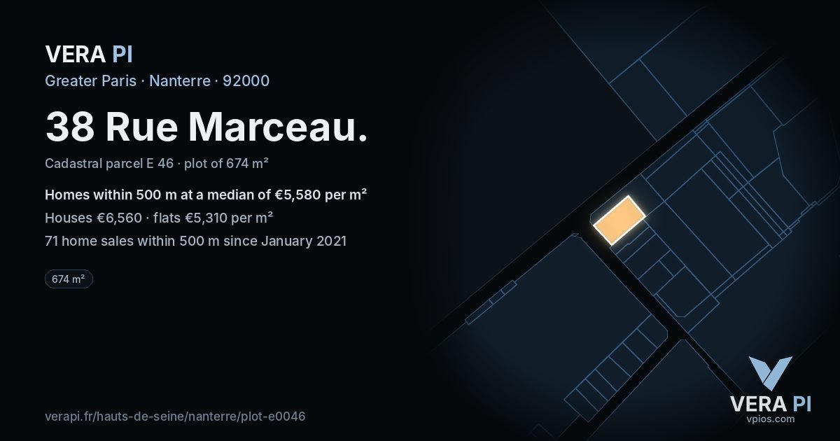 38 Rue Marceau, Nanterre at night – the plot lit, the parcels around coloured by the prices near them