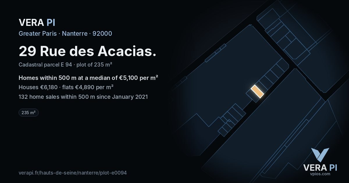 29 Rue des Acacias, Nanterre at night – the plot lit, the parcels around coloured by the prices near them
