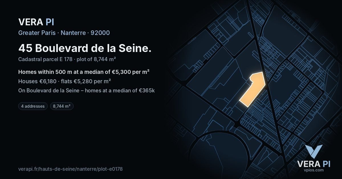 45 Boulevard de la Seine, Nanterre at night – the plot lit, the parcels around coloured by the prices near them