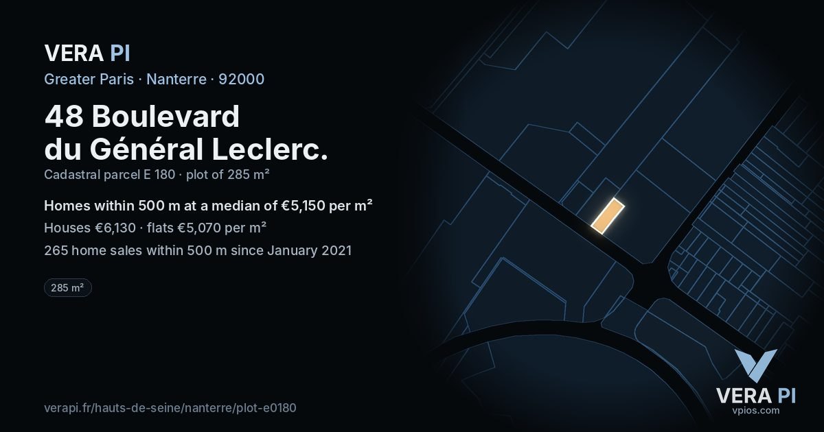48 Boulevard du Général Leclerc, Nanterre at night – the plot lit, the parcels around coloured by the prices near them