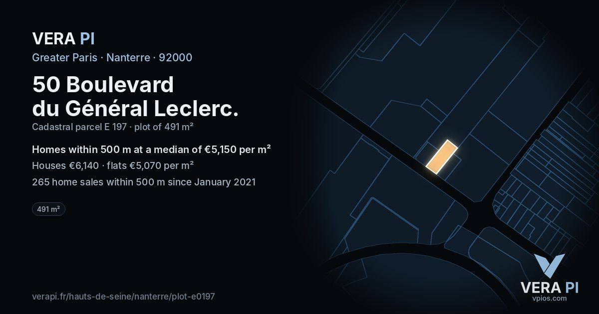 50 Boulevard du Général Leclerc, Nanterre at night – the plot lit, the parcels around coloured by the prices near them