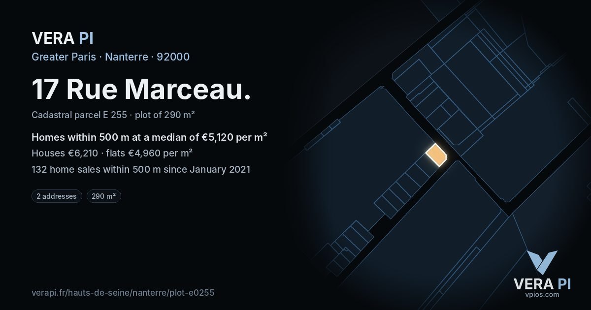 17 Rue Marceau, Nanterre at night – the plot lit, the parcels around coloured by the prices near them