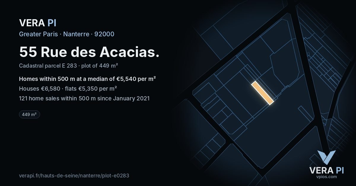 55 Rue des Acacias, Nanterre at night – the plot lit, the parcels around coloured by the prices near them