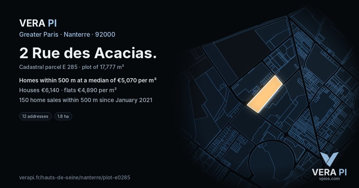 2 Rue des Acacias, Nanterre at night – the plot lit, the parcels around coloured by the prices near them