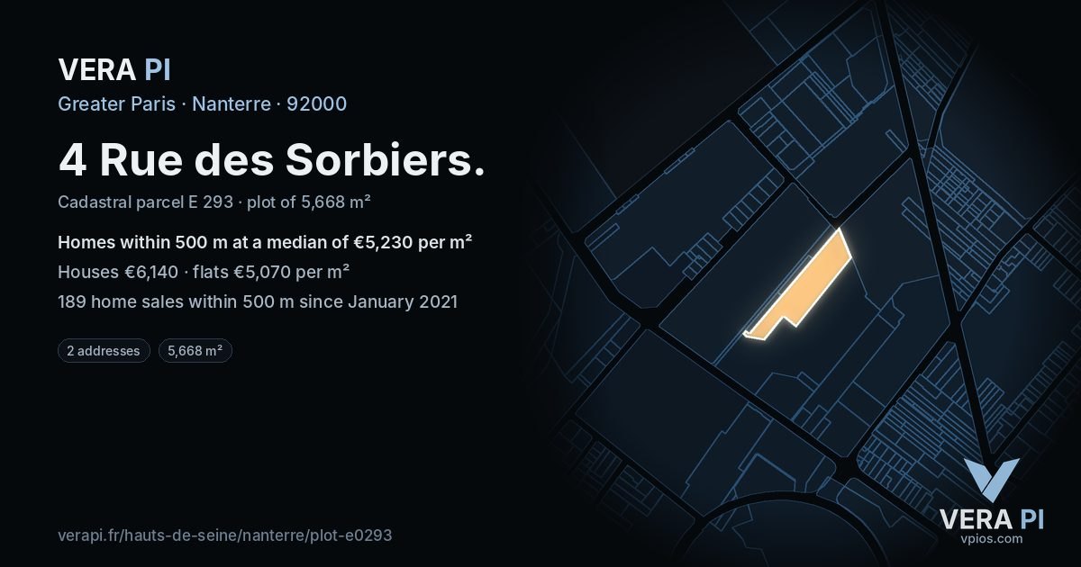 4 Rue des Sorbiers, Nanterre at night – the plot lit, the parcels around coloured by the prices near them