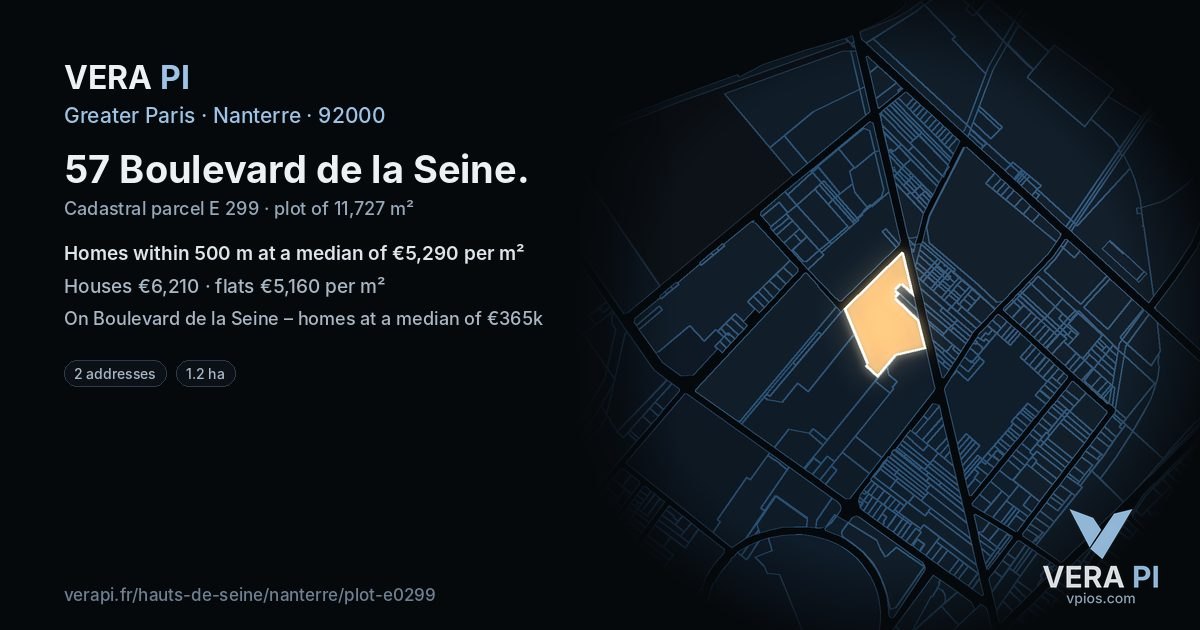 57 Boulevard de la Seine, Nanterre at night – the plot lit, the parcels around coloured by the prices near them